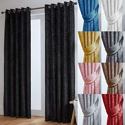 John Aird Crushed Velvet Fully Lined Eyelet Curtains (Black, 66 Wide x 90 Drop)