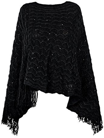 MyBeautyworld24 Damen Poncho mit U Boot Ausschnitt in Dreiecksform Cape Strick Pullover Kuscheliger Überwurf Farbe schwarz