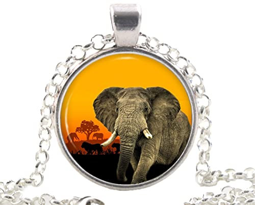 Elephant Necklace Pendant, Silver African Savanna Sunset Animal Jewelry Wildlife Gift for Her