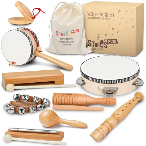 Stoie's International Musik-Set aus Holz für Kleinkinder und Kinder, umweltfreundliches Musik-Set mit Aufbewahrungstasche aus Baumwolle