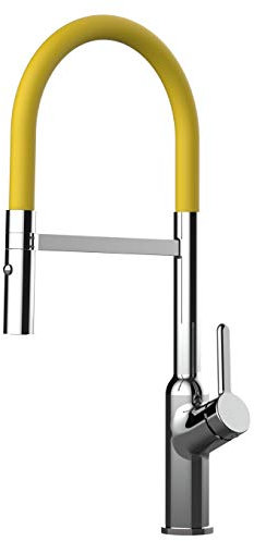 Rubinetto miscelatore design lavello cucina fontana professionale chef canna gialla movibile e doccia due getti staccabile