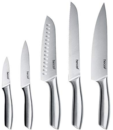 hecef Silbernes Küchenmesserset mit Hohlem Griff, Hochglanzpoliertes Edelstahlmesser, Gesandstrahltes Messer mit Schutzscheide, Kochmesser mit Scharfer Klinge