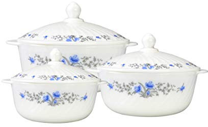 3 Piece Glass Casserole Dishes with Lids Set 1L, 1.5L & 2L Round Deep Glass Serving Casseroles Dishes Bowls Pots Opal Glassware (Blue Floral)