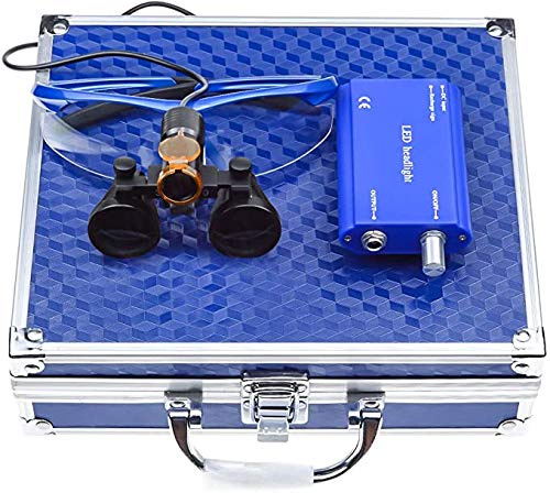 BoNew 3,5 x chirurgische Fernglas-Lupen, optisches Glas, 5 W LED-Scheinwerfer, leistungsstark, mit Filter, Clip-On-Typ, Aluminiumbox (blau)