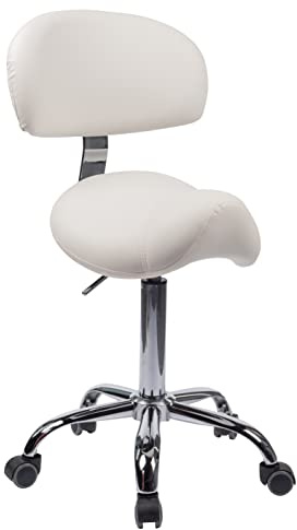 1stuff® Sattelhocker MULY BIGBACK Sattelstuhl mit Lehne - Sitzhöhe bis ca. 74cm - ergonomischer Rollhocker Arzthocker Arbeitshocker Praxishocker Drehhocker (Lederimitat weiß)