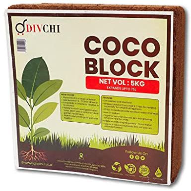 DIVCHI COCO BLOCK 5kg (70L) | ORGANIC | COCONUT FIBRE | 100% NATURAL | REPTILE FRIENDLY | PLANTING COCO SOIL | PH STABLE GROWING COMPOST I HIGH MOISTURE RETENTION I HEALTHY AERATION