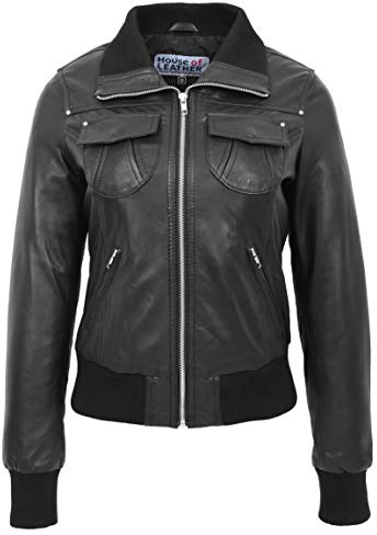 Blouson bomber en cuir véritable pour femme coupe ajustée motto, Noir , 44