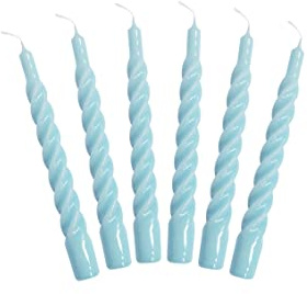 Candles with a Twist®, Made in Italy, 25 Colours Available, Dinner Candles, Twisted Candles Long Burning 5 Hours, Tapered Candles, Lacquered, Unscented Candle Gift Set, 6 pcs. 2.2 x 21cm (Light Blue)