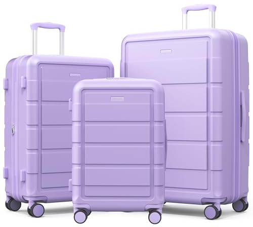 SHOWKOO Juego de Maletas de Viaje 3 Piezas Rígidas ABS+PC Ampliable Maleta Trolley Cabina Ligero Duradero con 4 Ruedas Dobles Giratorias y Cerradura TSA, M L XL- Lavanda Púrpura