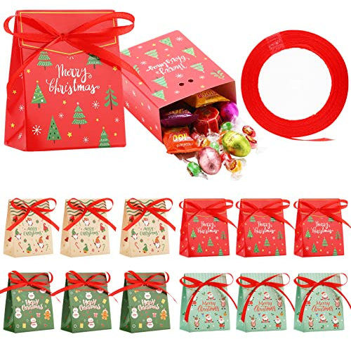 MELLIEX 12 Stück Geschenkbox Weihnachten, Klein Geschenkkarton Pralinenschachtel Süßigkeiten Box mit Bänder für Weihnachts Geschenkverpackung