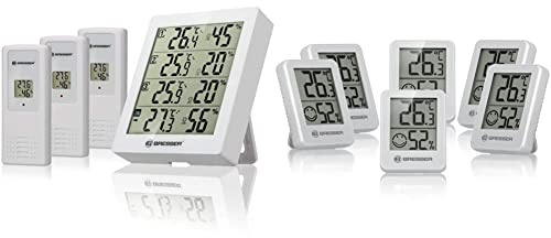 Bresser Wetterstation Funk mit Außensensor Temeo Hygro Quadro inklusive 3 Außensensoren um bei 4 Umgebungen, Weiß & Thermometer Hygrometer Temeo Hygro Indicator 6er-Set zum Aufstellen, weiß
