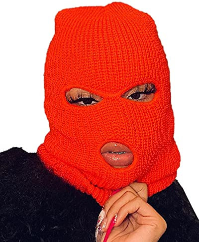 Acrawnni 3-Loch-Strick-Vollgesichtsschutz-Ski-Gesichtsmaske für Erwachsene, Winter-Sturmhaube, warme Wollstrick-Vollgesichtsmaske für Outdoor-Sportarten (Orange, One Size)