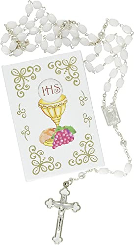 MaMeMi Rosenkranz zur Kommunion mit WEISSEN PERLEN 40 cm in METALLDOSE mit IHS Motiv – Geschenk zur Erstkommunion aus Italien