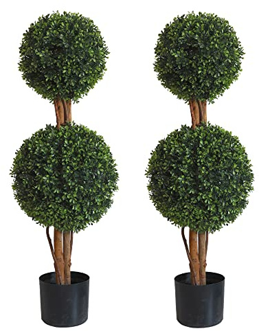 OAZALDA Lifelike Indoor&Outdoor use 3Ft Boxwood Double Ball Topiary Trees Faux Topiary Tree for Porch,Home,Garden Decor(Set of 2)