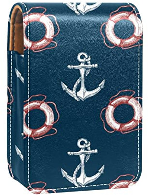 White Ship Anchor Lifebuoy Navy Lip Gloss Holder Lipstick Case Portable Mini Lipstick Storage Box Travel Lipstick Organizer Case with Mirror for Women