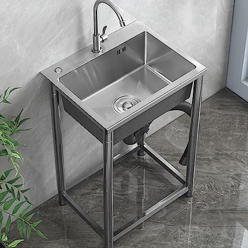 Freistehende Gewerbe-Spülbecken Edelstahl Spültisch 1 Becken Camping Spülbecken Außenbereich Handwaschbecken Küche Spülbecken,mit Wasserhahn,Für Garage Garten (45x40x75cm)