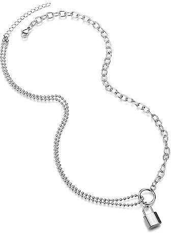 Aotiwe Big Chain Necklace, Silver Choker Necklaces Lock with Long Chain Ball Chain Necklace Stainless Steel 52+5cm