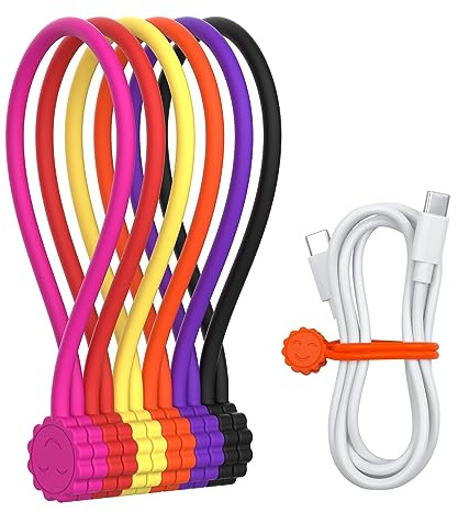 Rich&Ray Reusable Silicone Twist Ties, Magnetic Cable Ties with Strong Magnet for Organizing Cables, Hanging Stuff, Used in Many Ways or Just for Fun (6C - 6pack) | For Organizing Cables, Book Marker, Hanging Stuff, Used in Many Ways or Just for Fun