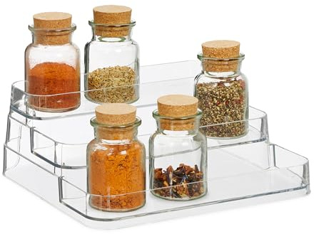 Relaxdays Gewürzorganizer, 3 Etagen, Gewürztreppe für Arbeitsfläche, HxBxT: 10,5 x 26 x 24 cm, Kunststoff, transparent