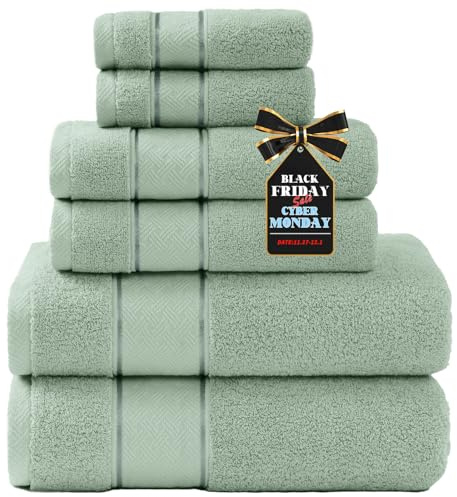 COZYART Juego de 6 toallas de baño color verde salvia, 2 toallas de baño, 2 toallas de mano y 2 paños, 100% algodón turco de lujo de 22.16 oz/m², calidad de hotel, suave, absorbente, juegos de toallas