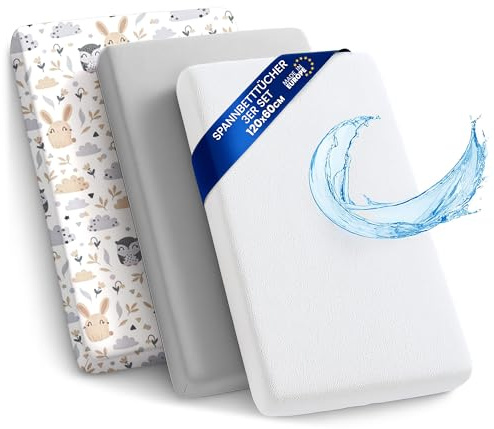 Barnvagnslakan barn resårslakan 3-pack: Set om 3: 60x120 cm- 2x lakan + 1x vattentätt madrasskydd - Spjälsängstillbehör för barnsäng, sidovagn babysäng 60 x 120