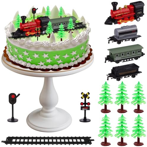 Train-Themed Cake Topper Set - 13-Pack Pull-Back Model Mini Railway with Lights, Track, Green Trees, Vintage Steam Engine for 8-12 Circle Cake Decorations