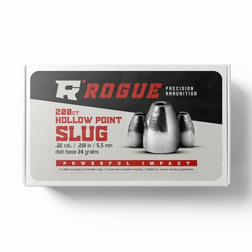 Rogue Precision .22 Cal - Pellets de pistola de aire comprimido con punta hueca - Base de plato - Calibre .22 - 24 granos - Fabricado en los Estados Unidos - 200 unidades, gris