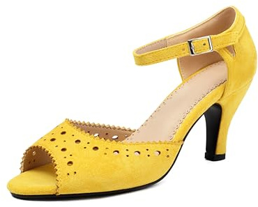 elerhythm dam Mary Jane vintage ankelrem wingtip peep toe brogue Gatsby klackar retro 1950-talet pumps 1920-talet viktorianska skor, GUL, 39 EU