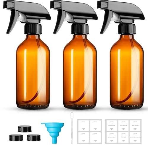 GIVAMEIHF 236 ml sprayflaskor i bärnstensglas, 3-pack glassprayflaskor, påfyllbar, tom flaska med justerbart munstycke, sprayflaska för eteriska oljor, rengöringslösningar, husdjur, hår Mister,