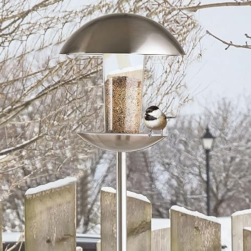 MeLiTec Vogelfutter-Haus, rundes Vogelhäuschen, aus Edelstahl, wetterfestes Vogelhaus, stehende Futterstation für Wildvögel, für Ihren Garten, VH04, Oberfläche Edelstahl matt