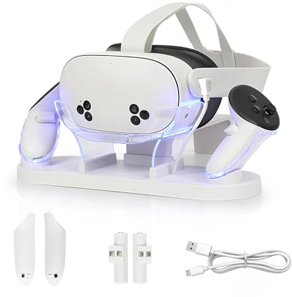 Ladestation für MetaQuest 3S/3, USB-C-Schnellladung, mit LED-Status | 2h Controller/3h Headset, magnetischer Anschluss, 600mAh Akkus, RGB-Beleuchtung, rutschfester Stand, für Quest 3/3S