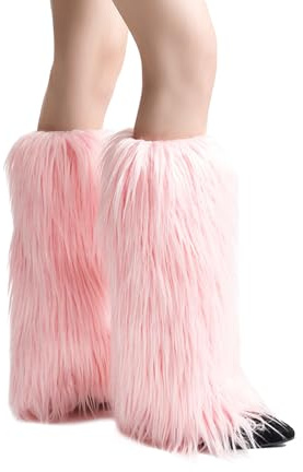 LERTREEUK ﻿Kunstpelz Zottelige Frauen Beinwärmer Gyaru Gothic Punk Kniestrümpfe Fuzzy Pelz Y2K Stiefel Manschettenabdeckungen (Rosa, L)