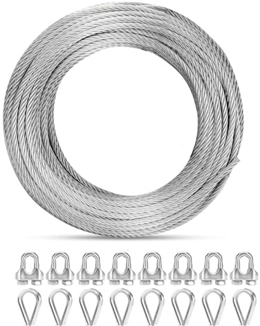 Hanured® 30M Ø6mm Drahtseil Kit, 7X 19 Litzen Drahtseil mit rostfreien Kabelklemmen & Kausche, 2900kg Bruchfestigkeit, für Yard Zipline, Kletterpflanzen,Deck Geländer