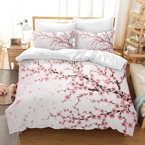 TACOKI Copripiumino una Piazza e Mezza Fiori di Ciliegio, Set di Biancheria da Letto Fiori di Ciliegio Giapponesi in Microfibra Morbido 3 Pezzi Copri Piumino 200x200 con 2 Federe con Cerniera 1527z