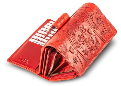 MATADOR Geldbörse Leder Damen #LISSABON mit edler Geschenkbox, Elegante Geldbörse Damen Rot mit RFID Blocker, Luxus Brieftasche Groß mit vielen Kartenfächern, Blumen Rot