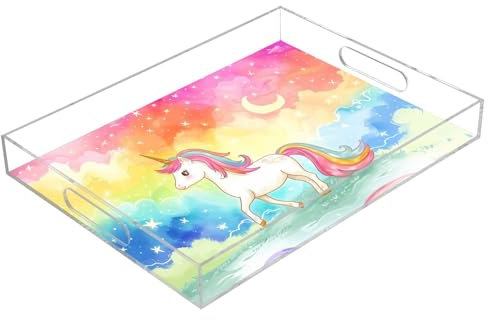 Rainbow Starry Sky Unicorn Acrylic Serving Trays, Clear Rectangular Tray with Handles Serving Platter for Coffee Table Kitchen Bathroom