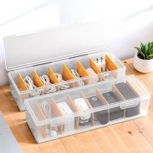 2 Pcs Cable Storage Box, Cable Tidy Box with Open Lids, Plastic Wire Management Boxes with 7 Adjustable Compartments, Transparent Cord Organiser for Office Home