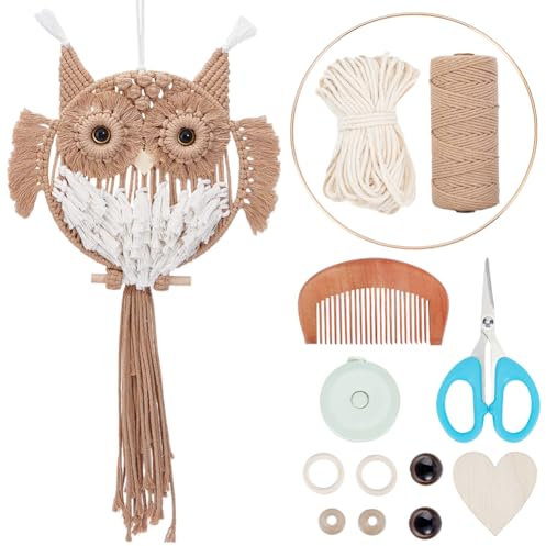 FREEBLOSS Makramee Eulen Set Für Anfänger Goldene Makramee Eule Wandbehang Wandteppich DIY Makramee Set Mit Video Tutorial Braune Farbe Makramee Hängedekor Für Erwachsene Geschenk Für Anfänger