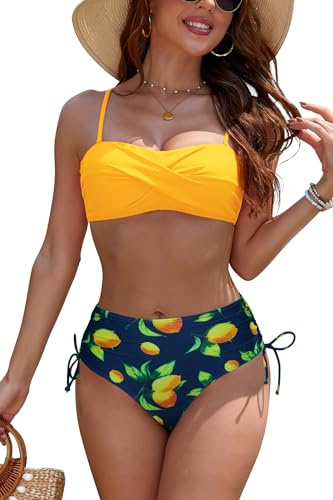 SHEKINI Women's Strapless Bandeau Bikini Set,Two Piece Twist Front Swimsuit Adjustable Drawstrings Bathing Suit，Yellow-XL