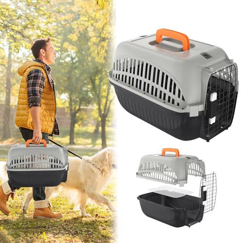 ORHEYA 48 x 32 x 32 cm Katzentransportbox, Schwarz + Grau Pet Transportbox für Kleine Haustiere, Katzen und Hunde, Reisebox mit Praktischem Metallgitter für Auto Reise