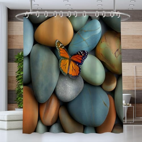 Duschvorhang Anti-Schimmel,180 * 200cm Wasserdicht Antibakteriell Vorhang für Dusche und Badewanne für Kinder,3D Kieselsteine Schmetterling Ästhetik Design,inkl 12 Duschvorhangringen