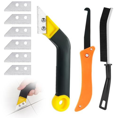 Flintronic Grattoir à Joints, Lot de 10 Grattoirs Joints Carrelage avec 7 Lames de Rechange et 1 Scie Coudée et brosse à crevasses, Grattoir Rasoir Nettoyage pour Carrelage