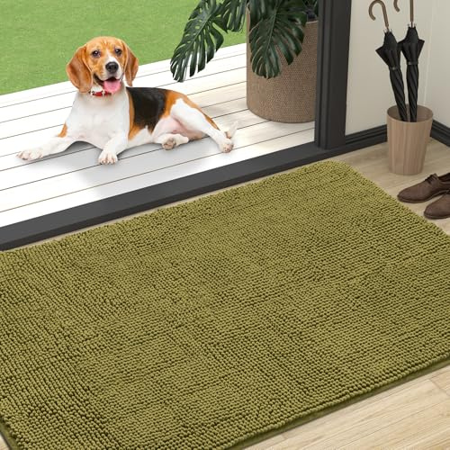 OLANLY Dog Door Mat for Muddy Paws 47x32, Absorbs Moisture and Dirt, Absorbent Non-Slip Washable Doormat, Quick Dry Chenille Mud Mat, Entry Indoor Entryway Carpet for Inside Floor, Willow Green