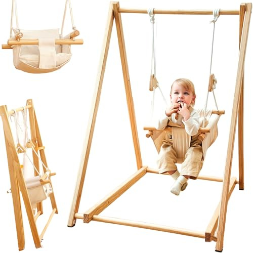 Holz Babyschaukel mit klappbarem Schaukelsitz, Babyschaukelstuhl & Baby Swing aus Kiefernholz, Holzspielzeug für Babys, Indoor & Outdoor Kinderschaukel für drinnen und draußen, sicherer Babysitz
