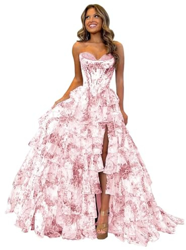 Genérico Vestido De Fiesta con Estampado Floral De Tul Largo Corsé con Abertura Vestido Formal Escalonado Sin Tirantes Escote En Forma De CorazóN Vestido De Noche Blush Pink 12