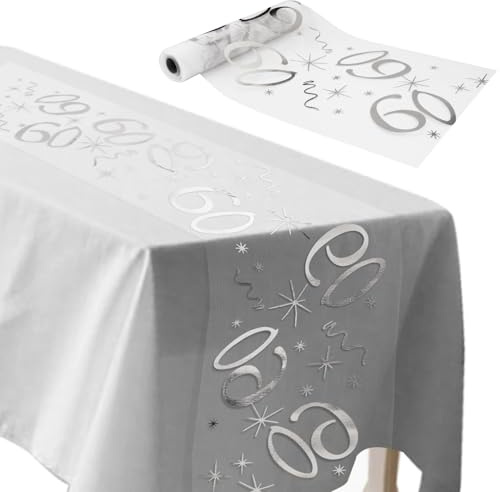 ddckj Tischläufer 60 Geburtstag 28 cm x 10 m Tischdeko Geburtstag Zuschneidbar Tisch Deko Silbrig Männer und Frauen für Geburtstagsparty Jubiläumsfeier