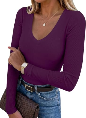 Chicrise Camiseta Manga Larga Mujer Cuello V Ajustada Sexy Jersey Punto Fino Color Sólido Casual Canale Top