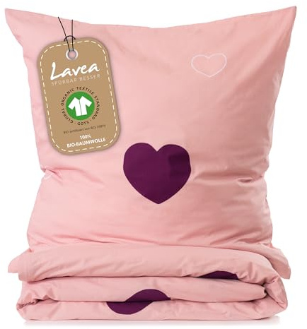 Lavea® Bettwäsche Kinder Set 155x220 cm und 80x80 cm - Rosa Bordeaux | Kinderbettwäsche 100% Bio-Baumwolle mit Herzmotiv, weiche und atmungsaktive Bettwäsche mit Reißverschluss, verschiedene