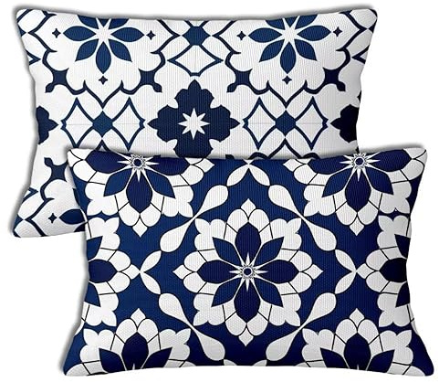 Dunkelblau Outdoor Kissen Wetterfest Nordisch Kissenbezüge 50x60 cm Rechteckig Sofa Kissen 2 Stück Wasserfest Leinen Dekorative Kopfkissenbezug für Balkon Terrasse Patio Garten Bauernhaus Dekor h-756