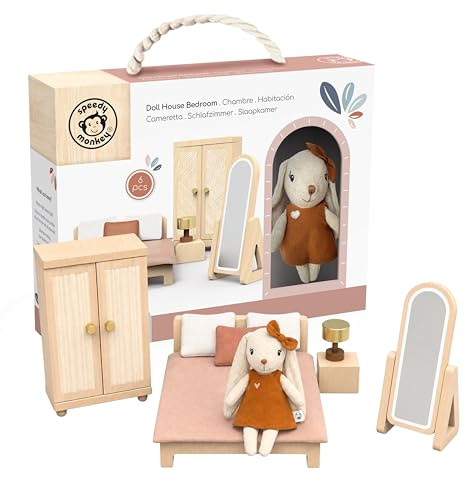 Speedy Monkey Maison de poupée – Maison de jeu en bois avec personnage de lapin et meubles pour enfants, maison de poupée et décoration de chambre imaginative pour les tout-petits et les enfants d'âge